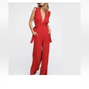 Free People Red Women’s Jumpsuit Romper Lace Trim Deep V-Neck  Size 2  Side Tie